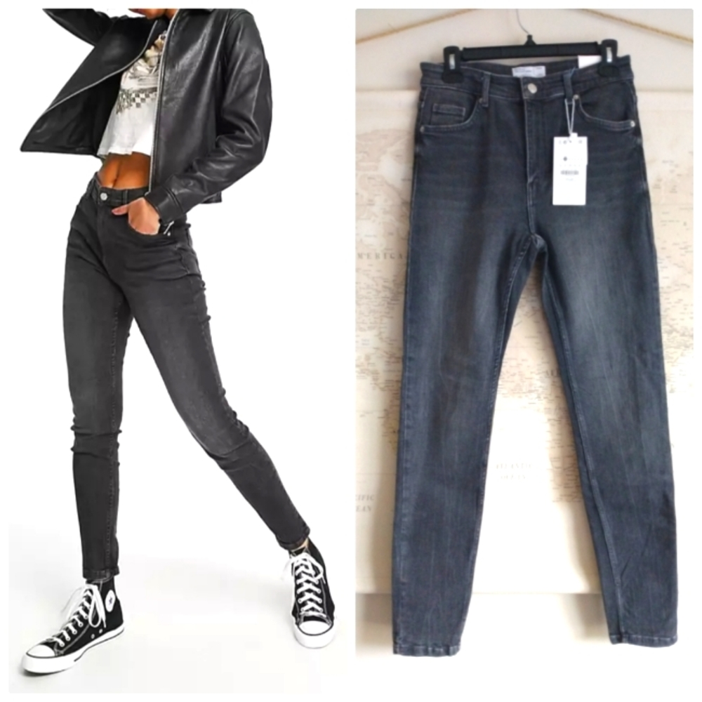 NEW Bershka High Waisted Skinny Jeans in Charcoal Grey Wash, Size 4 (Euro 36)